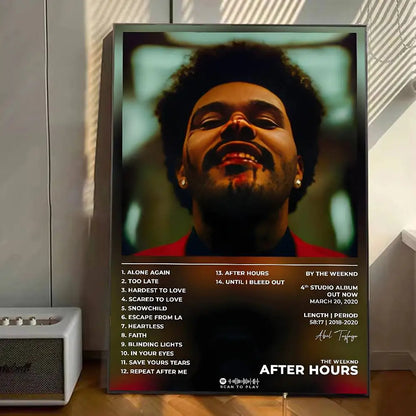 A framed poster gallery print of The Weeknd after hours album with warm lighting and adhesive home decor decals