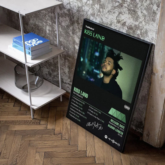 Black framed weeknd starboy poster with green tinted portrait and tracklist as living room canvas painting art