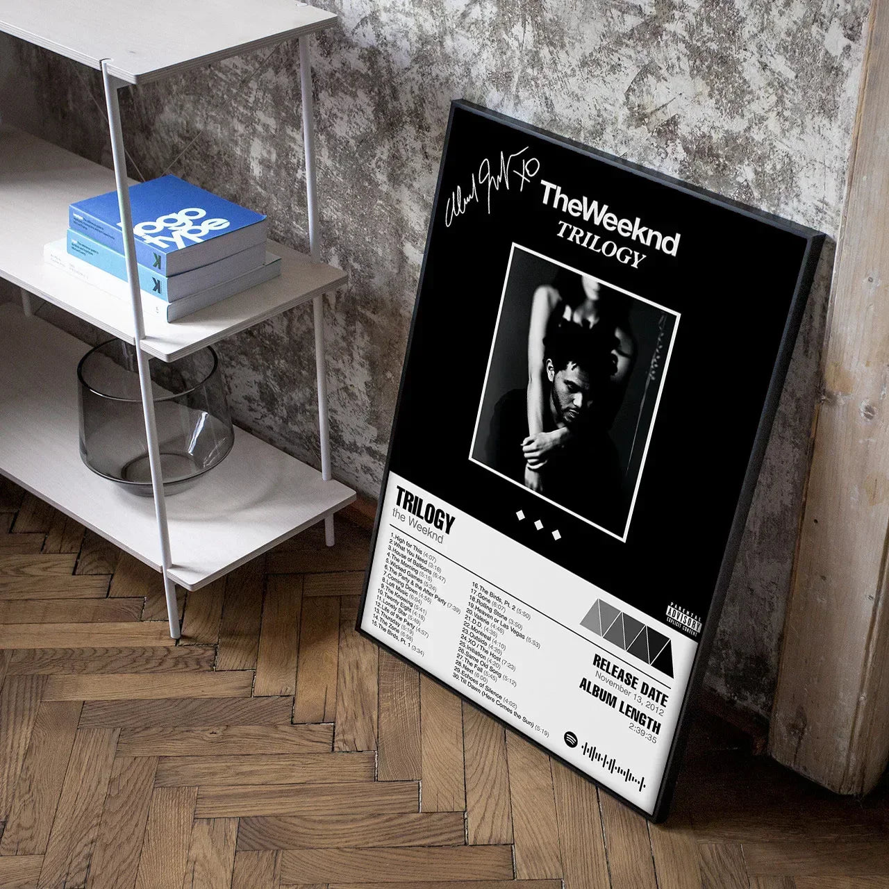 Black-framed weeknd starboy poster with black-and-white portrait on dark background for living room canvas painting art