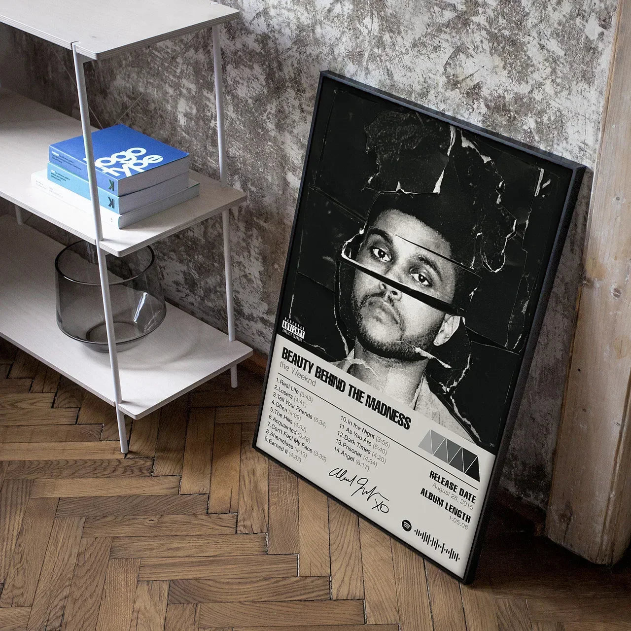 Black-framed weeknd starboy poster featuring black and white portrait with tracklist as living room canvas painting art