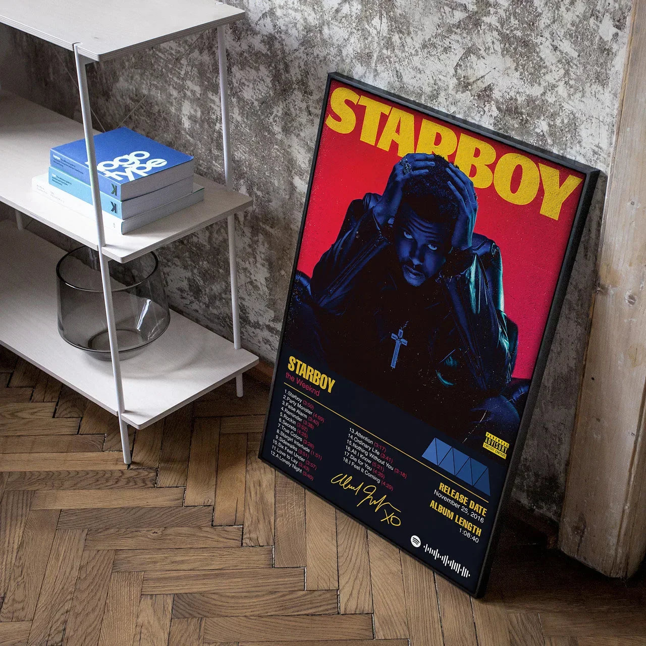 Black-framed weeknd starboy poster with bold yellow text on red background for living room canvas painting art wall decor
