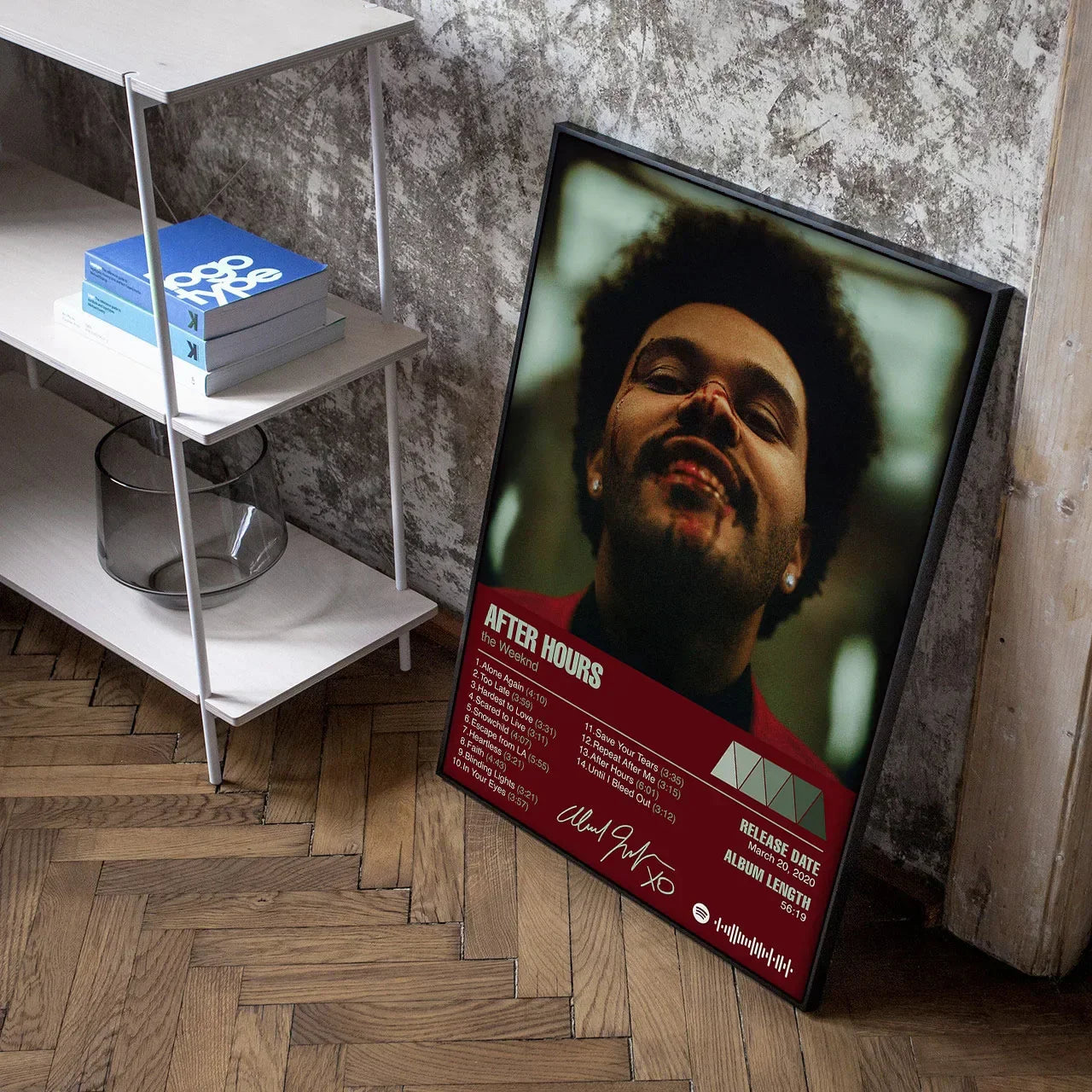 Black-framed weeknd starboy poster with red tracklist banner living room canvas painting art for wall decor