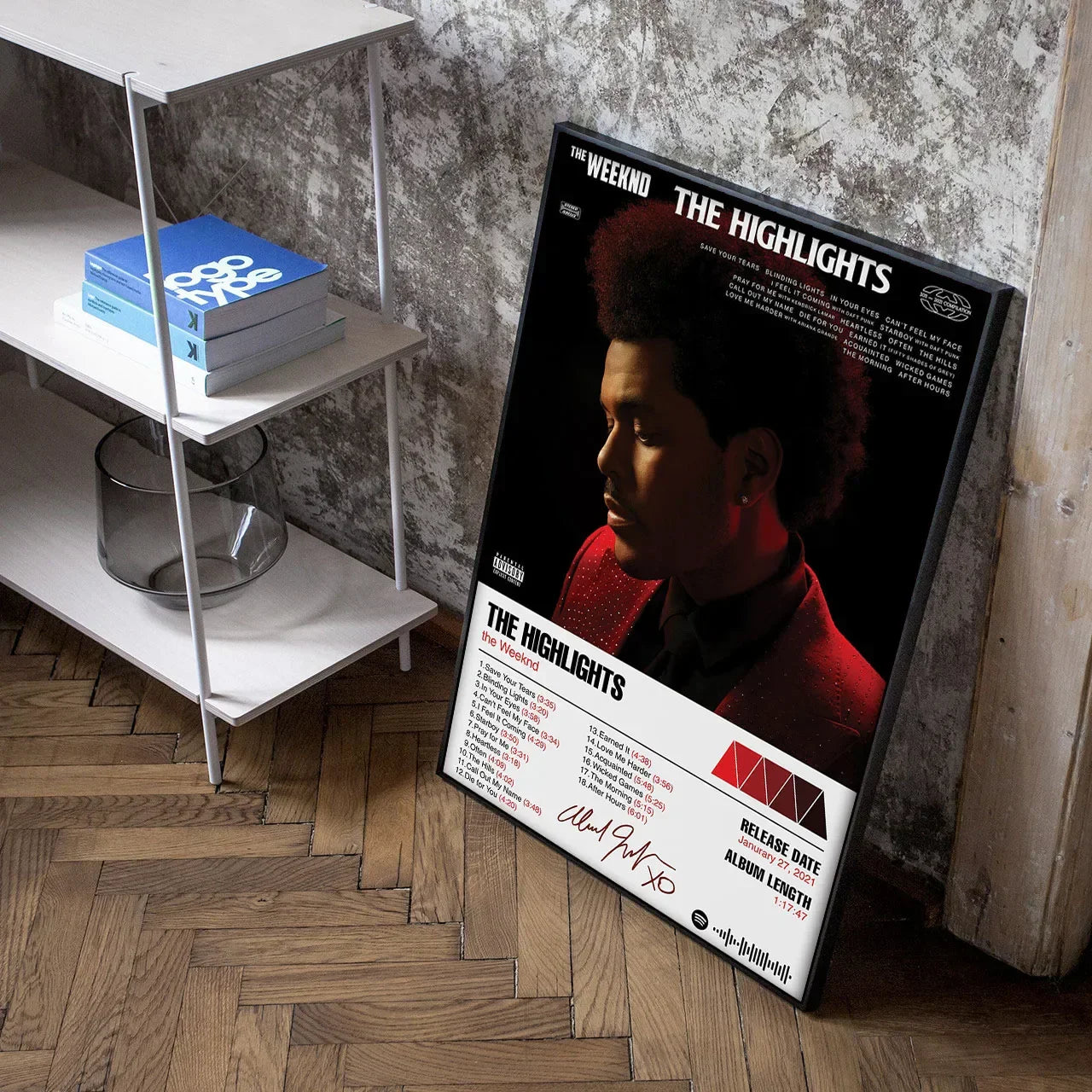 Black-framed weeknd starboy poster with red portrait and white text tracklist as living room canvas painting art