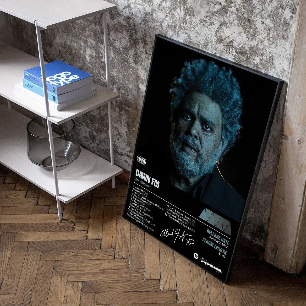 Black-framed weeknd starboy poster with blue-tinted portrait on canvas painting art for living room wall decor