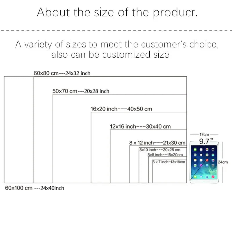 A 9.7-inch tablet next to customizable size charts for weeknd starboy poster living room canvas painting art wall decor