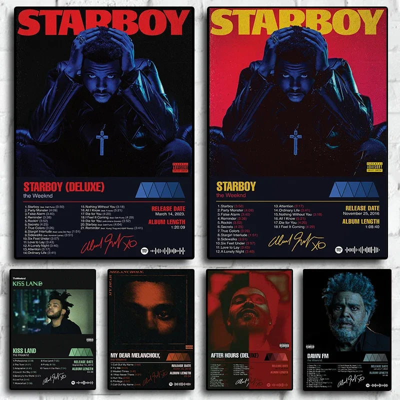 Two weeknd starboy posters in dark blue and red featuring tracklists on living room canvas painting art decor