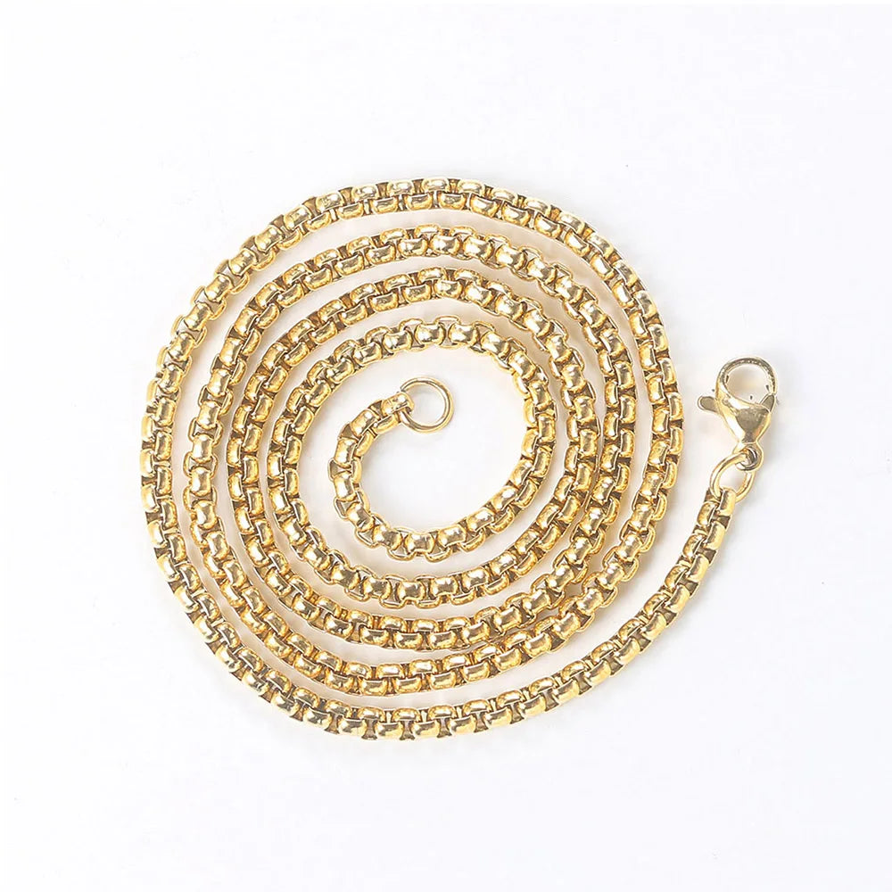 Gold-colored textured stainless steel square pearl chain hip hop necklace with lobster clasp for men and women