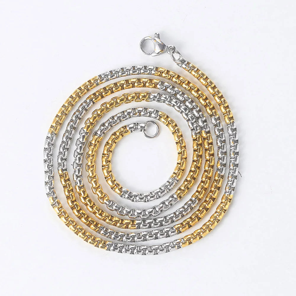 A coiled hip hop necklace for men and women featuring a 3mm steel square pearl chain in gold and silver tones