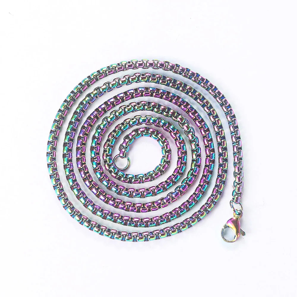 A coiled rainbow-finish lobster clasp steel necklace 3mm featuring a hip hop square pearl chain for men and women