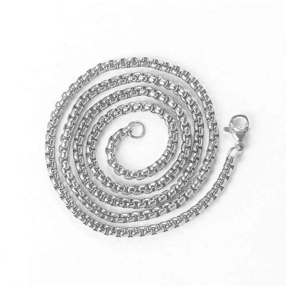 Silver-toned hip hop necklace stainless steel 3mm square pearl chain with secure lobster clasp for men and women
