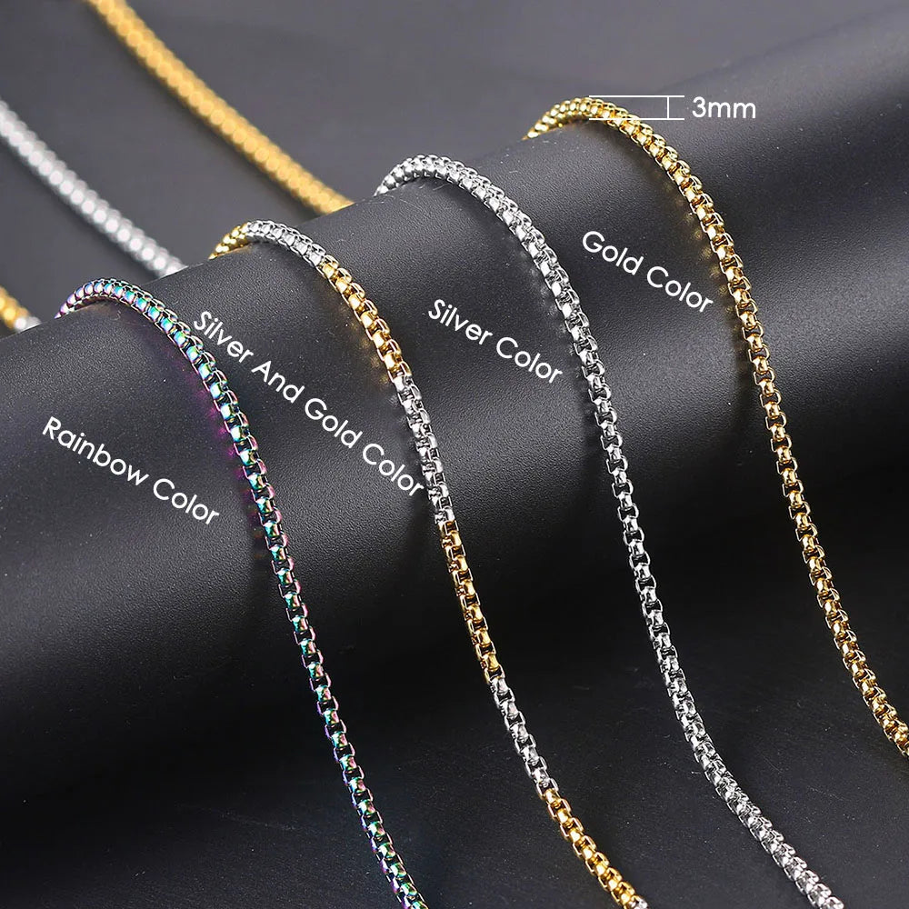 Silver and gold tone hip hop necklaces steel necklace 3mm square pearl chain in rainbow solid silver and gold finishes