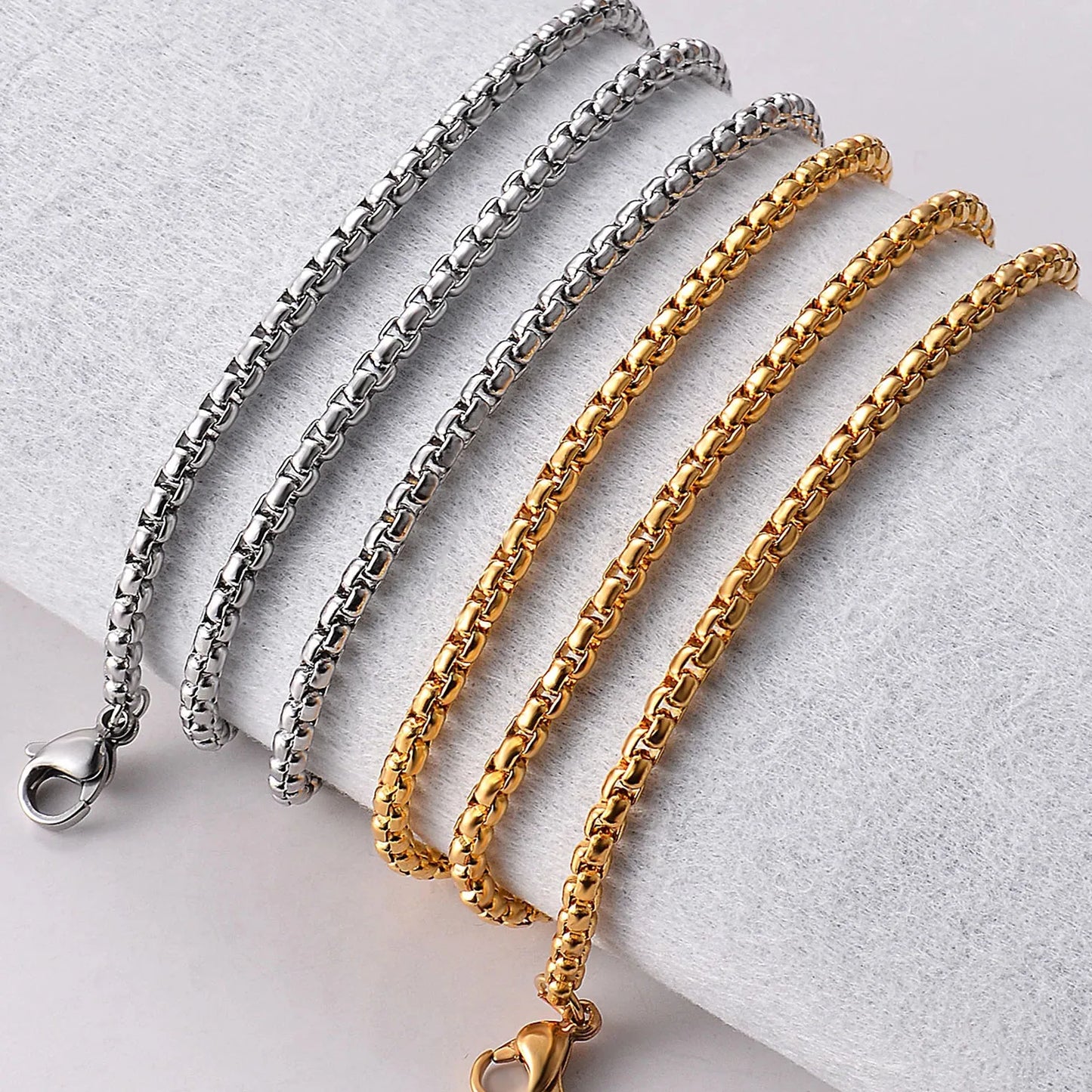 Silver and gold-toned hip hop necklaces with polished interlocking links steel necklace 3mm square pearl chain