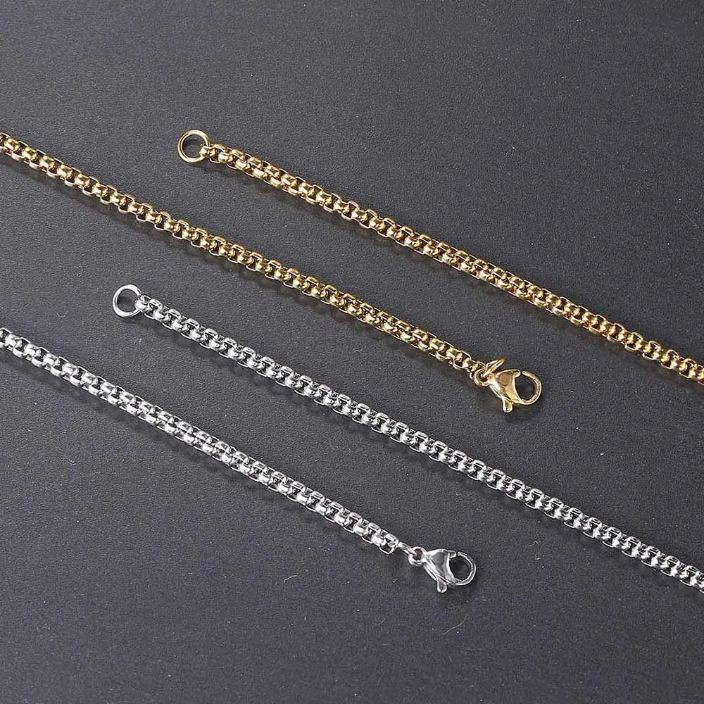 Three hip hop necklaces in gold and silver-tone stainless steel featuring 3mm square pearl chain with lobster clasps