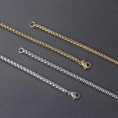 Three hip hop necklaces in gold and silver-tone stainless steel featuring 3mm square pearl chain with lobster clasps