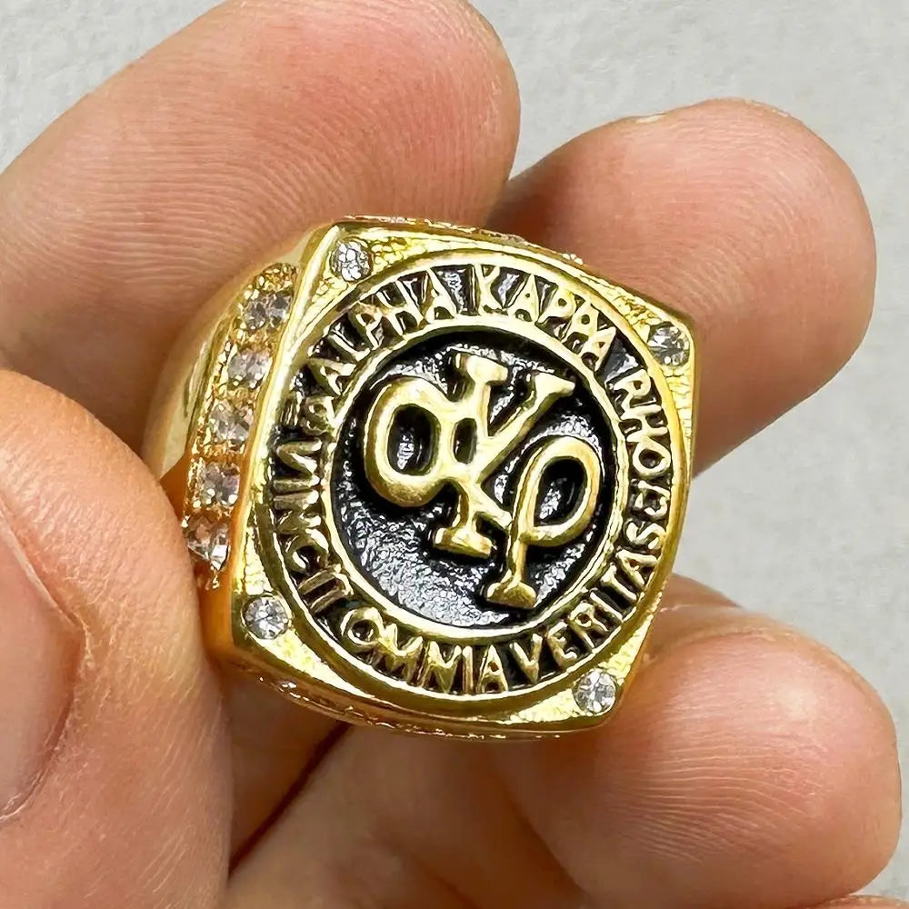 Gold-colored omega psi phi 316l stainless steel ring with rhinestone gold color accents men rapper jewelry