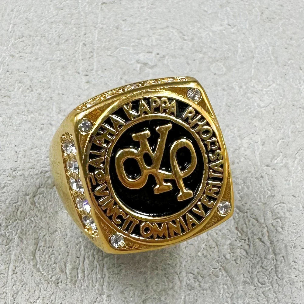 Gold color 316l stainless steel square ring with black center omega psi letters and rhinestone edges men rapper jewelry
