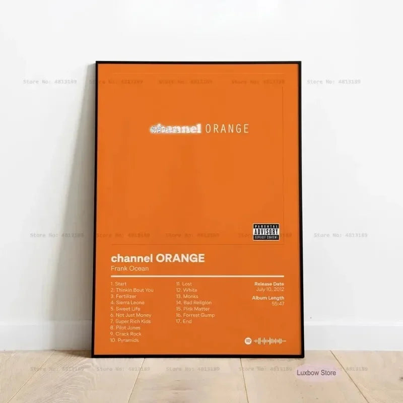Vibrant orange frank poster prints featuring channel orange album with white text on music album canvas for home decor