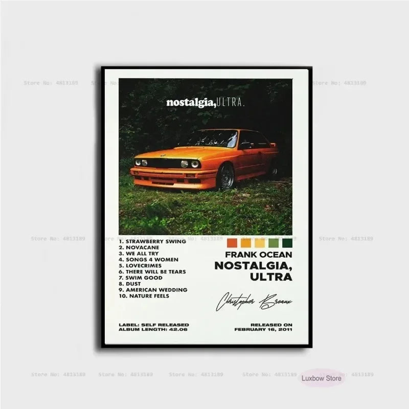 Framed orange vintage bmw e30 sports car hip hop new frank poster prints ocean blonde nostalgia music album canvas art