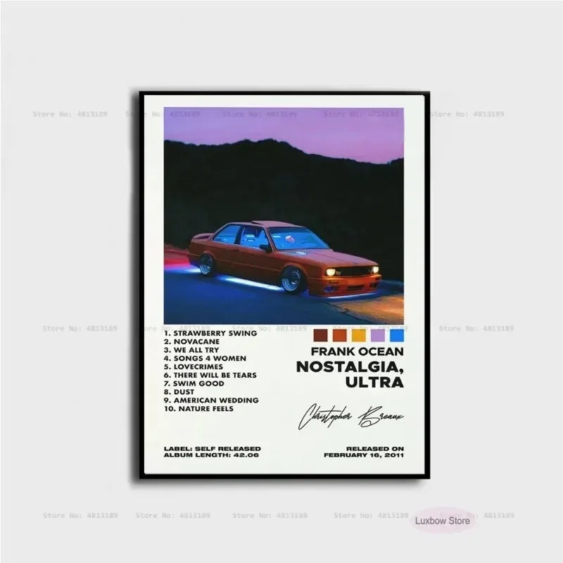A framed frank poster print featuring a red car under a purple sky from ocean blonde nostalgia album canvas