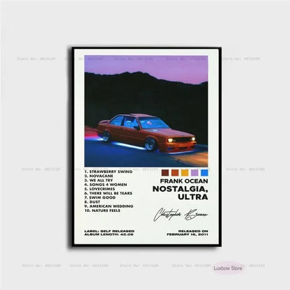 A framed frank poster print featuring a red car under a purple sky from ocean blonde nostalgia album canvas