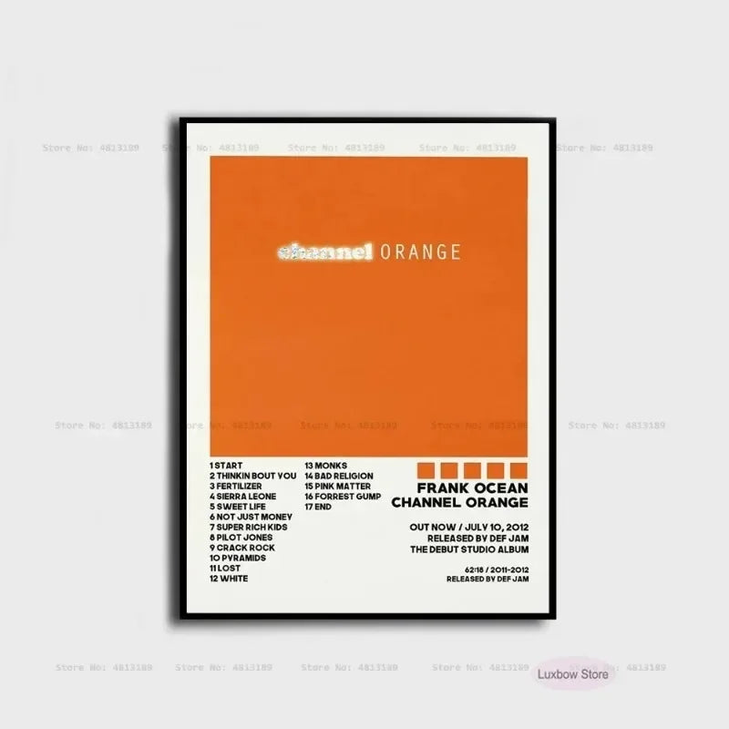 Minimalist black-framed frank poster prints featuring vibrant orange ocean blonde nostalgia music album canvas art for home decor