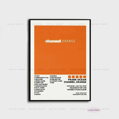 Minimalist black-framed frank poster prints featuring vibrant orange ocean blonde nostalgia music album canvas art for home decor