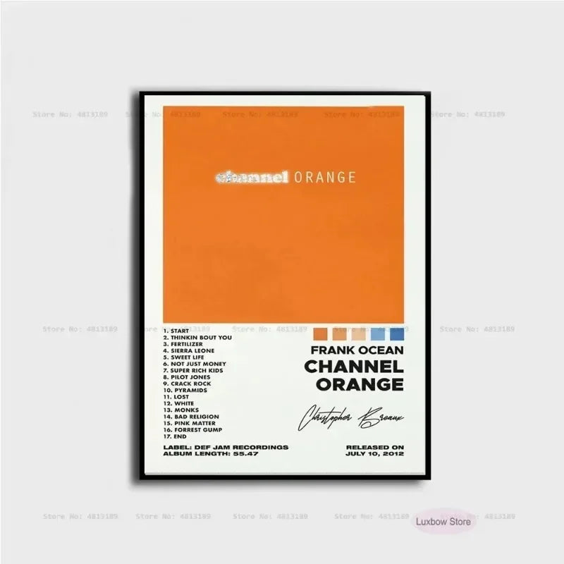 Black-framed frank poster prints featuring channel orange album art with bold orange background and music album canvas design