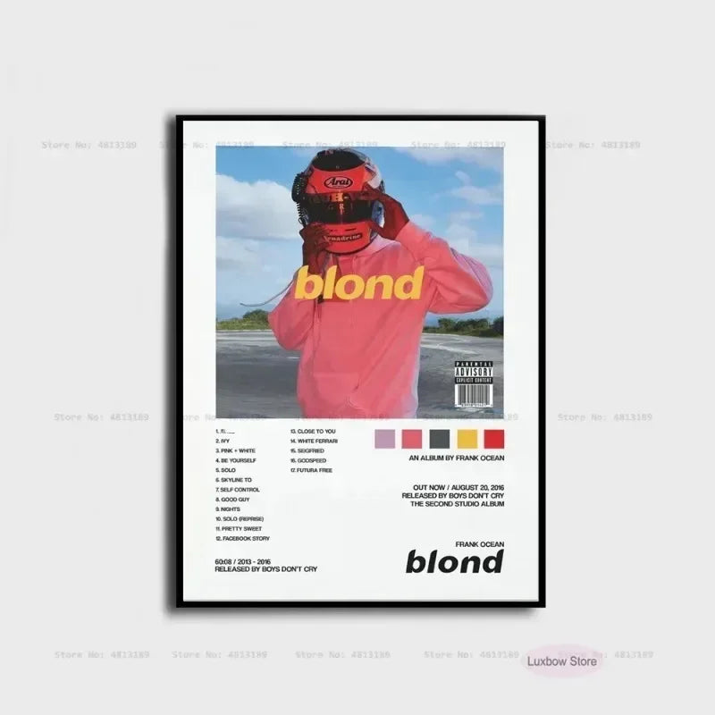 Black-framed frank poster prints featuring ocean blonde nostalgia album cover with person in pink jacket on canvas wall art