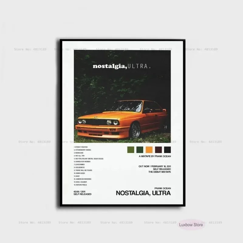 Orange bmw e30 sports car black framed hip hop frank poster prints ocean blonde nostalgia music album canvas art