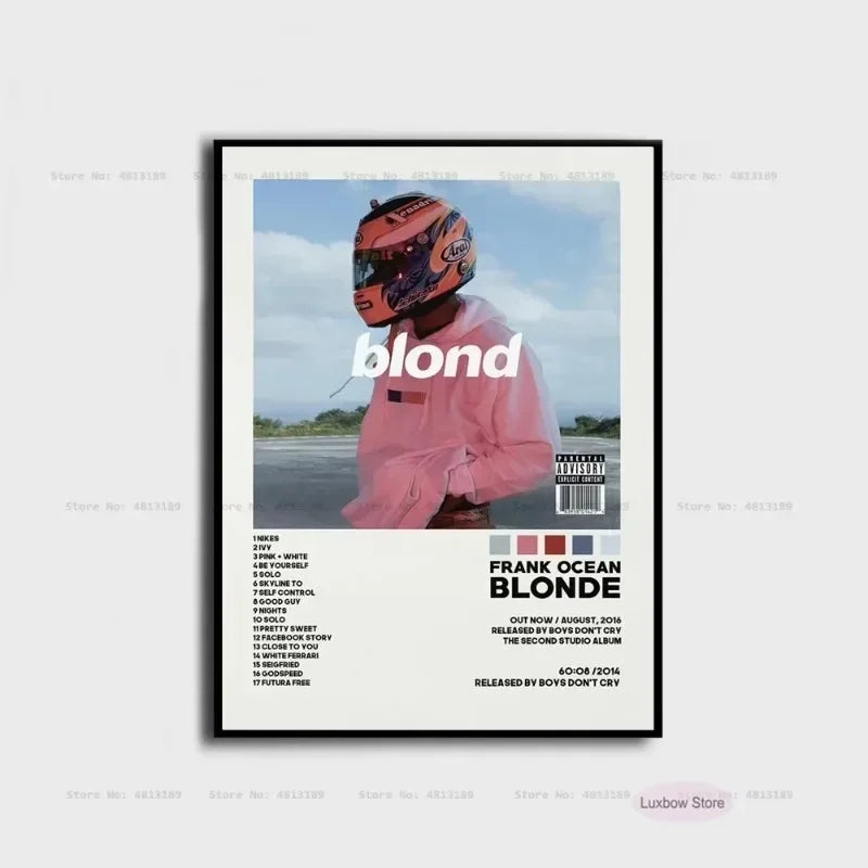 Black-framed frank poster prints of ocean blonde nostalgia music album canvas featuring a person in pink hoodie and orange helmet