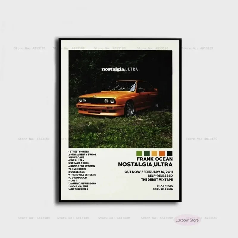 Orange BMW e30 sports car vintage hip hop frank poster prints with black text green accents ocean blonde nostalgia canvas