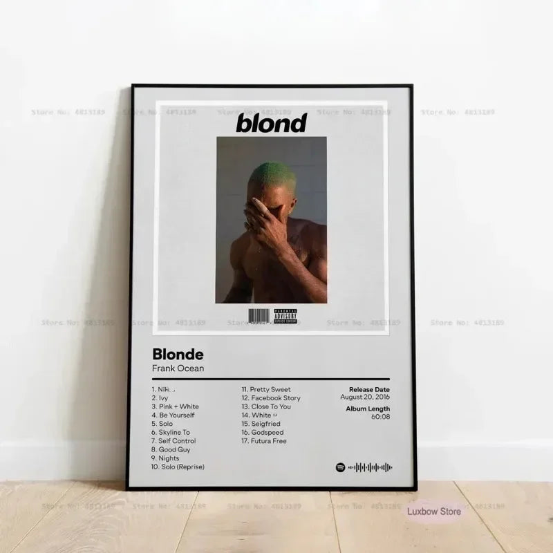 Black-framed frank poster prints featuring ocean blonde nostalgia music album canvas with tracklist on gray background