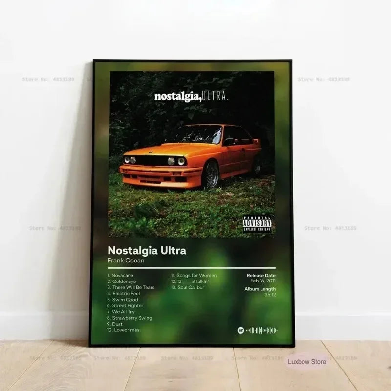 Orange bmw e30 sports car poster featuring frank poster prints ocean blonde nostalgia music album canvas art decor
