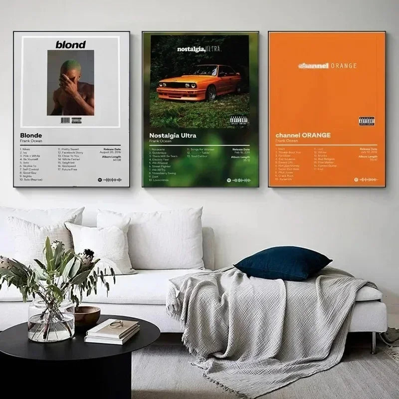 Three framed frank poster prints of ocean blonde nostalgia ultra and channel orange on music album canvas for home decor
