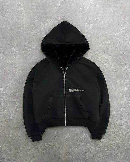 Black loose zipper hoodie with plush fuzzy-lined hood and subtle white text for clothing harajuku retro street casual sweatshirt