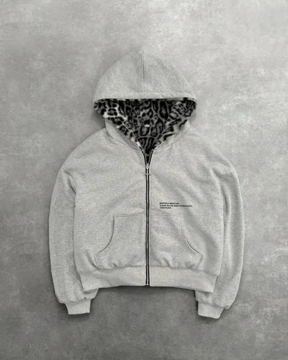 Gray zip-up loose zipper hoodie with leopard-print faux fur lining and subtle text for street casual sweatshirt clothing harajuku retro