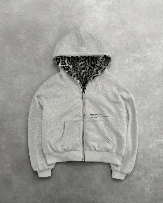 Gray zip-up loose zipper hoodie with leopard-print faux fur lining and subtle text for street casual sweatshirt clothing harajuku retro