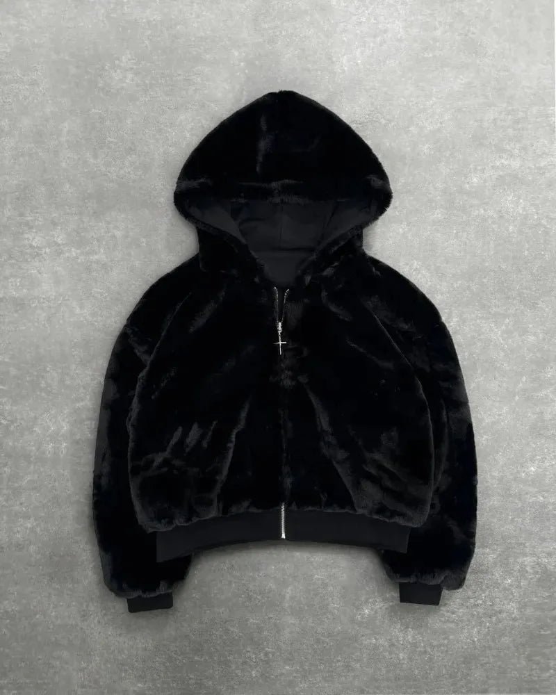 Black plush hooded loose zipper hoodie with shiny zipper and ribbed cuffs for clothing Harajuku retro street casual sweatshirt