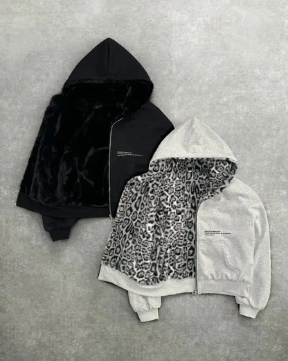 Black and gray leopard print loose zipper hoodie with faux fur lining for clothing harajuku retro street casual sweatshirt