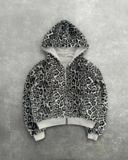A cozy plush leopard print loose zipper hoodie with soft gray lining and ribbed cuffs for street casual sweatshirt style