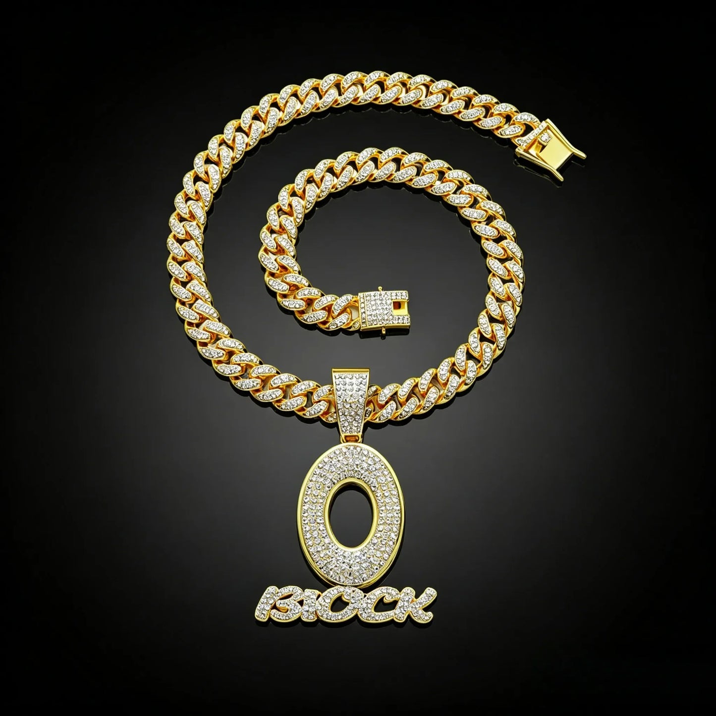 Gold-colored cuban link chain necklace and bracelet set with clear crystals for men’s trendy hip hop streetwear