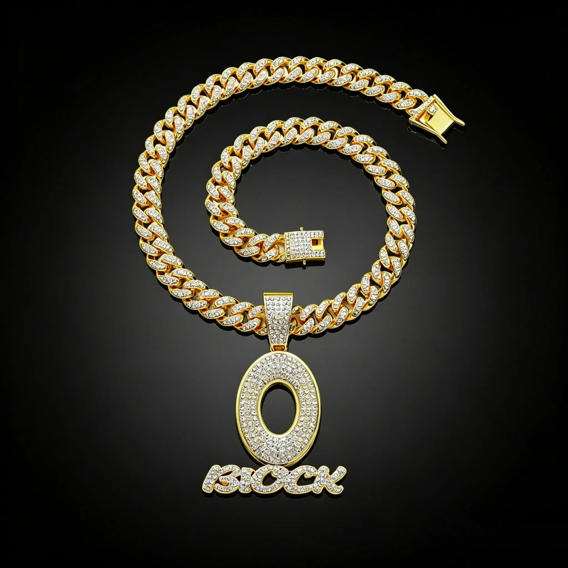 Gold-colored cuban link chain necklace and bracelet set with clear crystals for men’s trendy hip hop streetwear