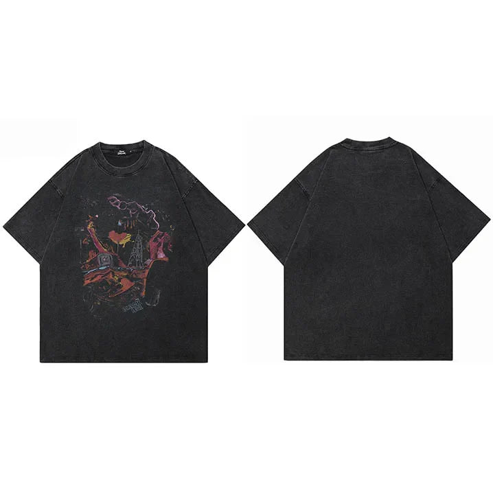 Black oversized hip hop oversize washed t shirt with faded colorful streetwear harajuku graffiti print for men spring summer