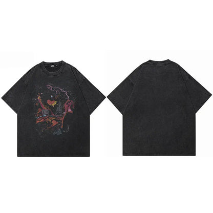 Black oversized hip hop oversize washed t shirt with faded colorful streetwear harajuku graffiti print for men spring summer