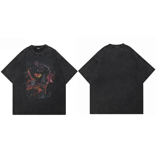 Black oversized hip hop oversize washed t shirt with faded colorful streetwear harajuku graffiti print for men spring summer