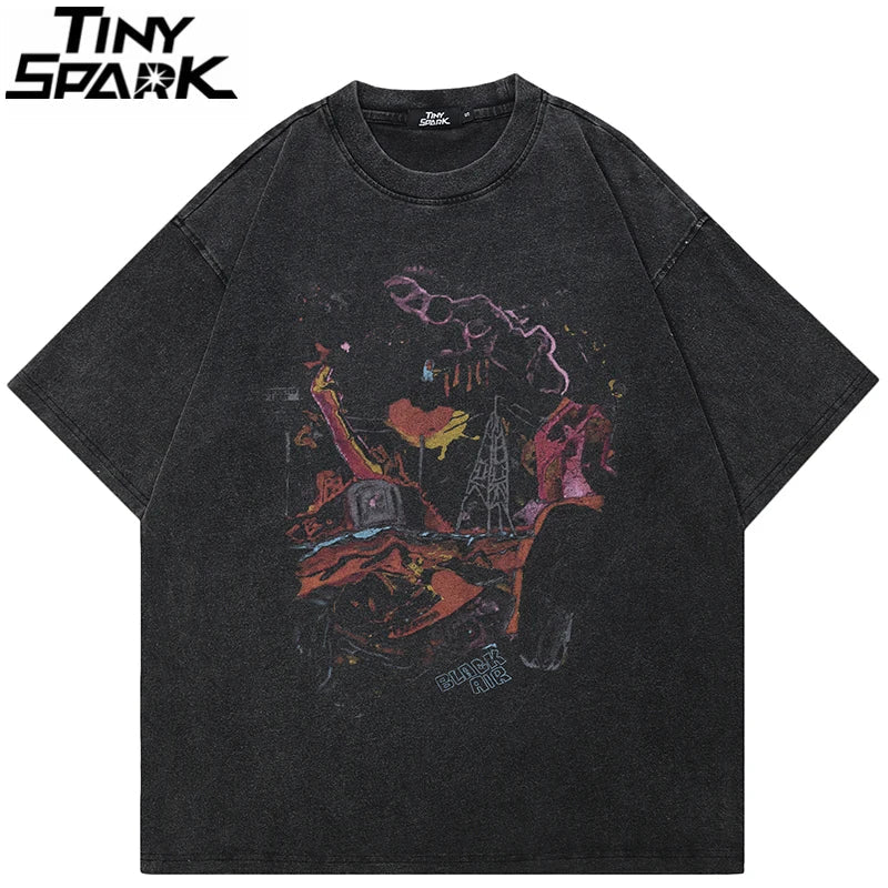 Black oversized t shirt with faded abstract red and purple graphic print for men spring summer streetwear harajuku graffiti style