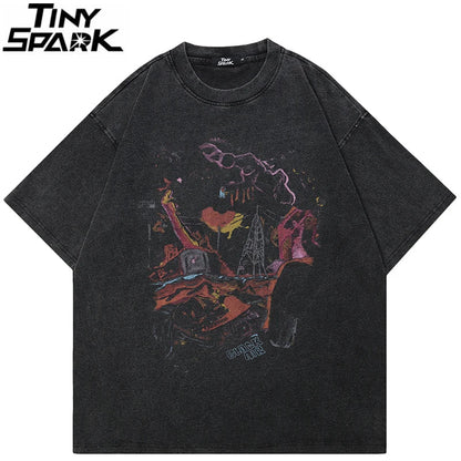 Black oversized t shirt with faded abstract red and purple graphic print for men spring summer streetwear harajuku graffiti style