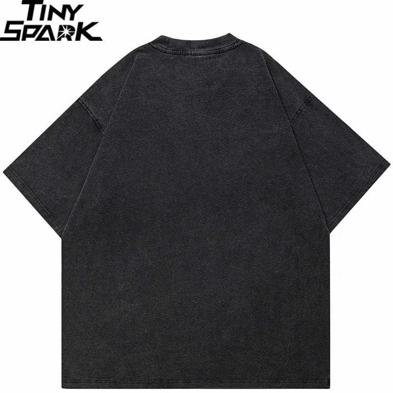 Black oversized t-shirt with faded textured finish and relaxed fit hip hop oversize washed streetwear harajuku graffiti style for men spring summer
