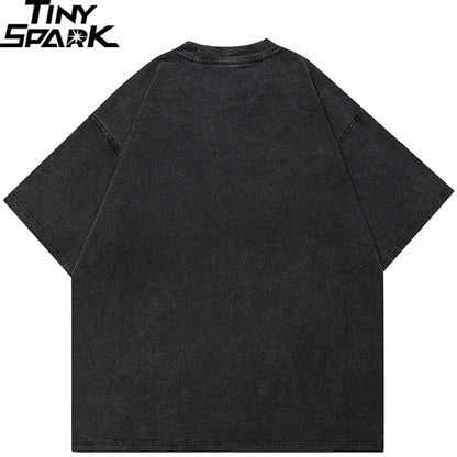 Black oversized t-shirt with faded textured finish and relaxed fit hip hop oversize washed streetwear harajuku graffiti style for men spring summer