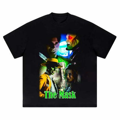 Black hip hop oversized cotton t shirt featuring punk gothic funny colorful the mask movie graphic and green title print